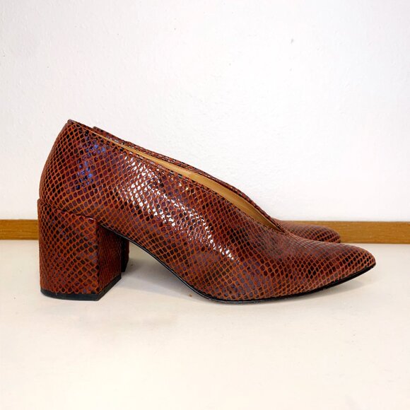 Ganni Doris Leather Heel | Smoked Paprika Block Pump | Red Orange Embossed - Picture 2 of 10